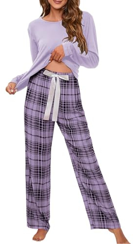 Pigiama Donna Cotone Lungo Manica Lunga Leggeri Set Casual da Donna con Scollo Rotondo in Tinta Unita con Stampa a Quadri e per la casa, Top e Sottoveste Donna Tute Donna Taglie Forti (Purple, M)