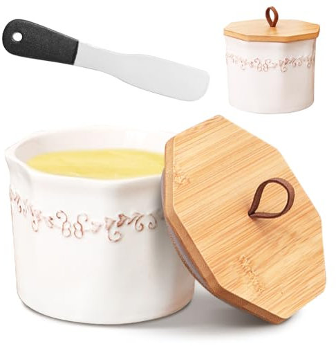 Mantequillera de cerámica con tapa, estilo campana, frasco de mantequilla francesa, para mantequilla fresca, color blanco, con espátula de mantequilla