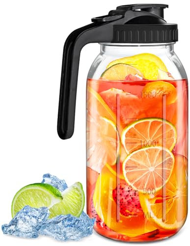 Hioph Pichet Mason en verre avec couvercle, carafe à eau à large ouverture de 1,8 l pour réfrigérateur, pichet en verre anti-fuite pour infusion à froid, thé glacé, thé au soleil, jus, lait et