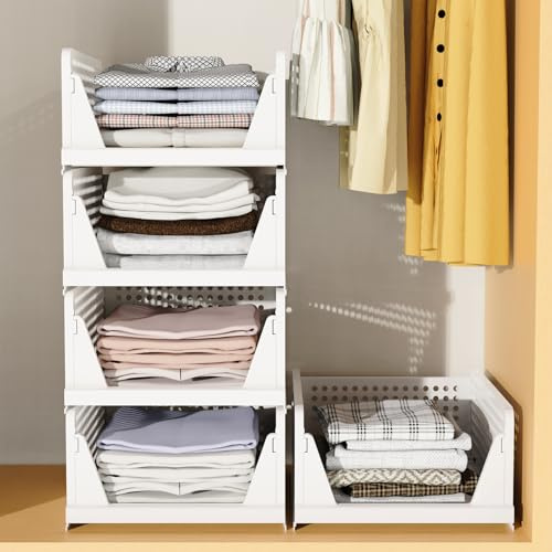 Tuocal 5 Pack Wardrobe Storage Organisers, Folding Closet Organisers Plastic Storage Drawer, Stackable Storage Boxes Space-Saving Clothes Storage Organiser Basket for Bedroom Kitchen Bathroom White