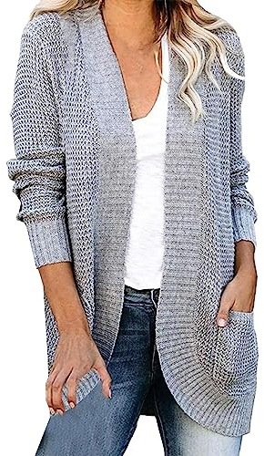 Cardigan en tricot épais pour femme - Oversize - Long - Grosse maille - Court - Sans boutons - Avec poches - Cardigan décontracté - Manteau élégant - Pull couleur unie - Manteau en tricot, gris, XL