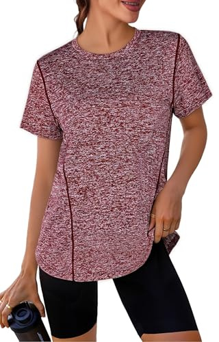 Crewhpo Maglietta Sportiva Donna Traspirante Maglia Palestra Maniche Corte Top Sportivo Fitness Girocollo Magliette Tecniche Asciugatura Rapida T Shirt Trekking per Tennis Golf Jogging Rosso Vino XXL