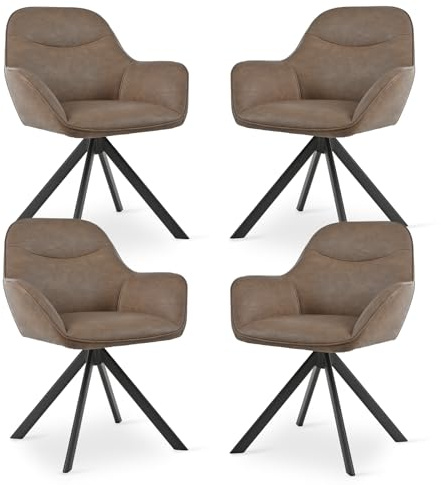 Goeurvant 360° Swivel Dining Chairs Set of 4, Modern Kitchen Chair with Backrest & Metal Legs, Upholstered Armchairs for Living Room, Bedroom, Office, Vanity, PU Leather Fabric, Dark Brown