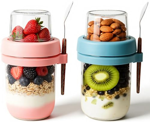 NADSSJL Overnight Oats Jar, 2PCS Oats Jar with Lids and Spoons, 480ml Overnight Oat Container. Mason Jars for overnight oats, Breakfast jars are perfect for yogurt, fruit, nuts, cereal, and more.