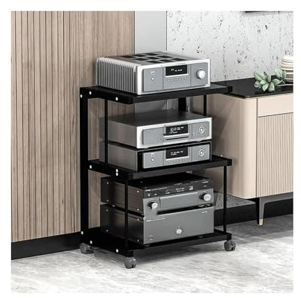 3/4-vånings HiFi-hylla, AV-multimediestativ Med Hjul, Mobilt Stativ For Spelkonsol, Multimediaförvaringshyllor I Trä, Stereoljudskåp For Skivspelare(Svart,70cm)