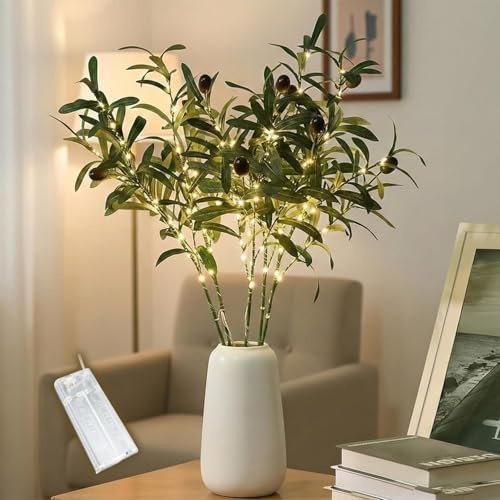 Gresonic 5pc x 50cm Decorative olive Leaf Branch Lights,olive tree artificial Lights with 100 Warm White LEDs - Battery Powered Indoor Foliage, Twig Style Vase Display for Centerpieces,Vases