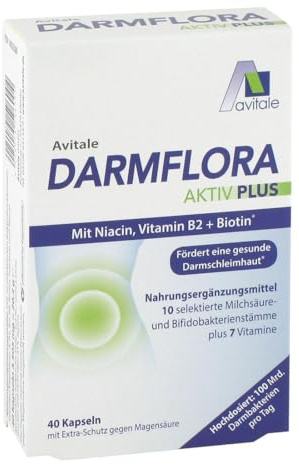 Avitale Darmflora Aktiv Plus mit 100 Mrd. Milchsäure– & Bifidobakterien aus 10 selektierten Stämmen und Vitamin A, B1, B2, B6, Biotin, Folsäure & Niacin, 40 Kapseln