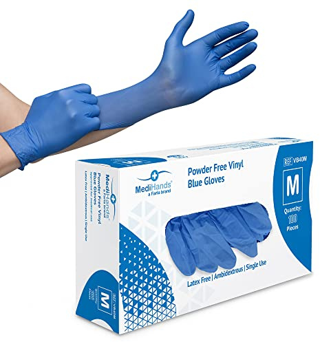 Farla MediHands Blue Medium Vinyl Gloves - Box of 100 Disposable Vinyl Medical Glove - Powder, Latex, & Protein Free Glove - Multi-Purpose, Single Use Surgical Gloves