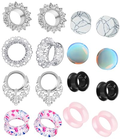 TIANCI FBYJS 8 Pairs Stainless steel Ear Tunnels Earrings Silicone Gauges Plugs For Ear Brass Hollow Plugs and Tunnels Glass Piercings Stretcher Kit 0g 8mm