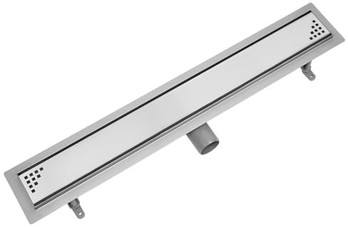 Canaleta de ducha de acero inoxidable, juego completo con rejilla Quadro, colador de pelo, canalón con sifón, pies de montaje, incluye manguito de sellado, doble cámara, desagüe de suelo, longitud 50