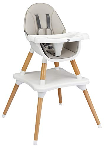 GYMAX Wooden Baby Highchair, Infant Feeding Seat with 4 Position Adjustable Tray, 5 Point Safety Harness and PU Cushion, 4 in 1 Convertible Baby Chair for 6 Months to 3 Years (Gray)