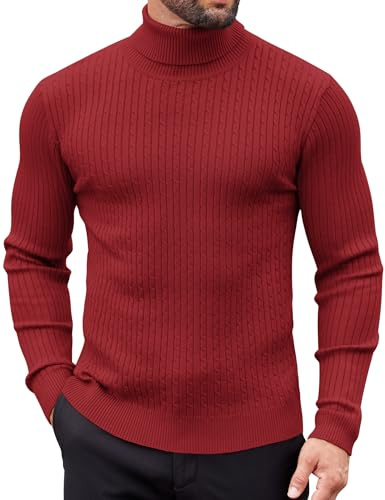 COOFANDY Suéter de Cuello Alto de Punto Fino para Hombre, Jersey de Manga Larga, Corte Entallado, Rojo, M