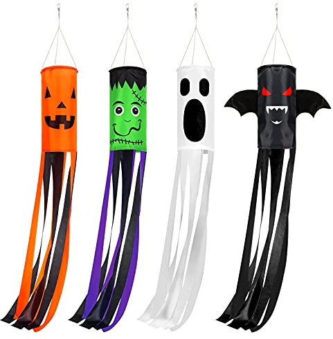 Whaline 4 Pieces Halloween Windsock Flag 39 Inch Spooky Cartoon Flag Wind Socks Pumpkin Bat Ghost Monster Outdoor Hanging Decoration for Home Yard Patio Lawn Garden Tree Party Decoration