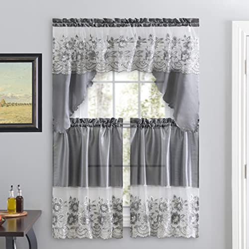 American Linen 3 Piece Sequin Embroidered Window Curtain Set – Valance and Tiers – Kitchen, Living Room, or Bathroom Curtains
