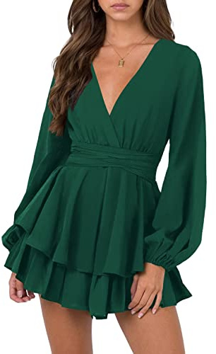 Nova In Sky Trendy Petite Cocktail Dress for Women V Neck Balloon Sleeve Ruffle Falre Romper Dresses Ladies Casual Flowy Swing Dress Dark Green L
