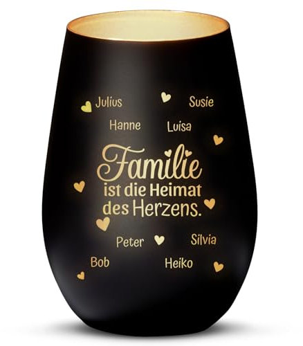 Love Faith Heimat des Herzens Windlicht Schwarz/Gold - Personalisiertes Windlicht für Teelichter mit Namen-Gravur - Geschenk für Eltern & Großeltern