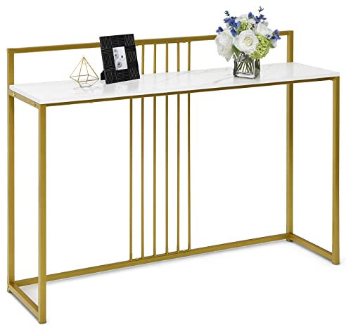 LIFEZEAL Mesa Consola de mármol Dorado, Mesa Estrecha con Estructura de Metal, recibidor de Entrada con Estante Abierto, Mesa Auxiliar para Entrada Pasillo salón, 120 x 32,5 x 88 cm (Blanco)
