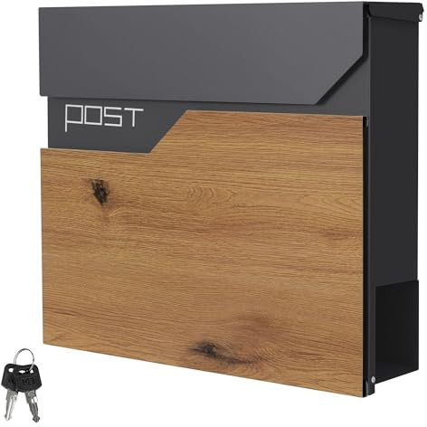 ML-Design Buzón de Correo Exterior Antracita Aspecto de Madera 37x37cm con Compartimento para el Periódico Acero con Recubrimiento en Polvo Moderno 2 Llaves Solapa De Cierre Monzana para Montaje Pared