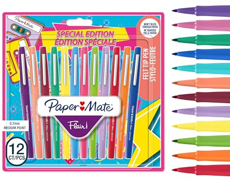 Paper Mate Flair filtspetspennor | Mediumspets (0,7 mm) | Retrofärger | 12 stycken