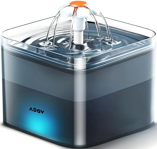 ADOV Cat Water Fountain for Drinking 2L, Automatic Pet Water Dispenser with Ultra Silent Pump, LED Light and Activated Carbon Filter, Fresh Hygienic Water Bowl for Cats, Kittens and Small Dogs - Grey