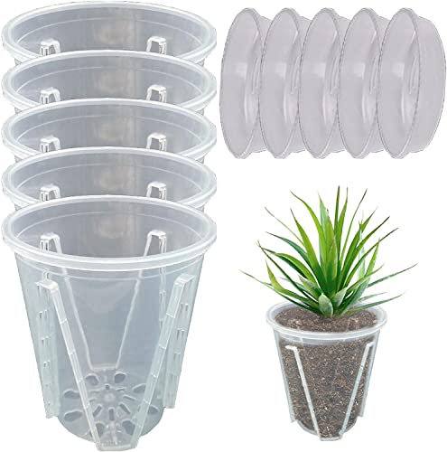 5 Stück Orchideentopf Transparent Orchideentöpfe Übertopf mit Untertassen Kunststoff Orchideentopf Pflanztöpfe für Orchideen Orchidee Blumentopf für Indoor Outdoor Balkon Schreibtisch (10cm+Tablett)
