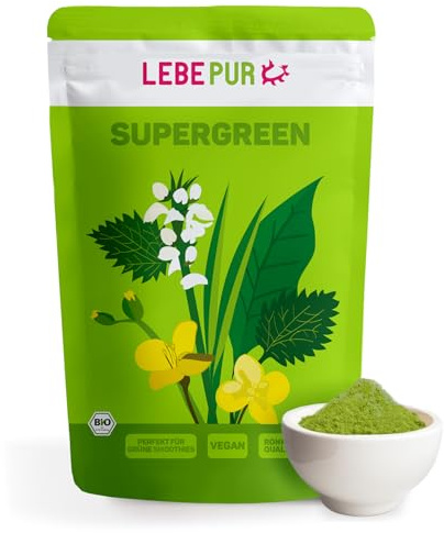 Lebepur BIO SUPER GREEN Pulver 500g - Pflanzenpulver mit Gerstengras, Weizengras, Spinat, Brennnessel, Grünkohl Chlorella und Spirulina - für Green Smoothie geeignet in Rohkostqualität