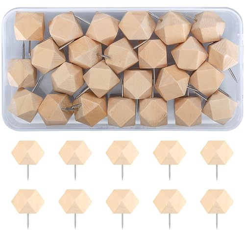 25-Pcs polyhedron Pins, Natural Wood Thumb Tacks, polyhedron Decorative Drawing Pins for Corkboard, Blackboard, Calendar, Maps