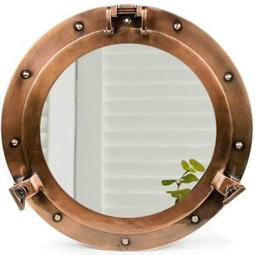 Väggmonterade premium vintage skepps porthole speglar | aluminium genomskinliga fönsterspeglar | runda dekorativa vägghängande badrumsspeglar (liten koppar, spegel, 38 cm)