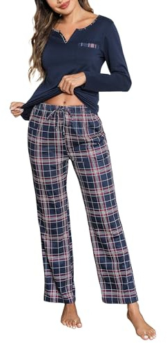 Bresdk Women's Pyjama Set Ladies Cotton Pjs V Neck Long Sleeve Tops and Printed Pants with Pockets Soft Loungewear Blue M