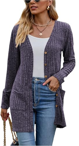 Famulily - Cardigans à manches longues pour femmes avec ouverture à l'avant, col boutonné en V, léger avec poches, lilas, XXL