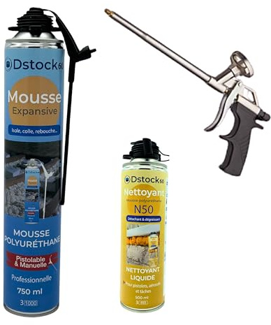 DSTOCK60 - Pack de 12 mousses expansives manuelles et pistolables 750 ML + 1 Nettoyant Mousse + 1 Pistolet - Mousse polyuréthane Professionnelle - Isole, Colle et rebouche - Extérieur et intérieur