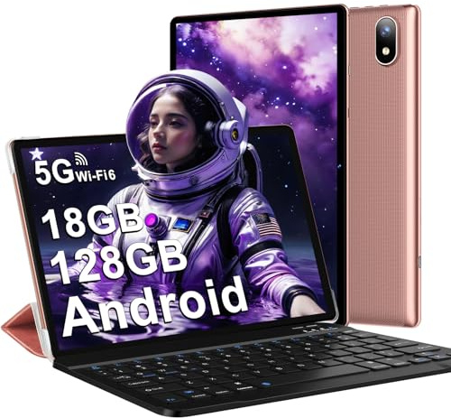 DMOAO Tablet 10 Pulgadas Android 14 con 5G Wi-Fi 6, FHD Tablet con 18 GB RAM + 128 GB ROM (Ampliable a 1TB), Widevine L1, 8 Cores, BT 5.0, 6000mAh, USB-C, Teclado + Ratón + Funda, Oro Rosa