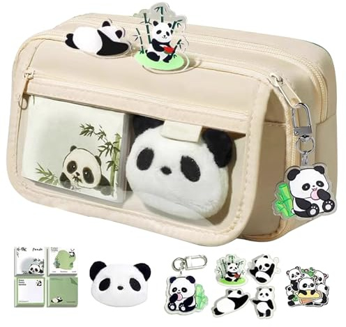 Tiajingzi stor kapacitet panda pennfodral, söt estetisk pennfodral, flera lager dragkedja pennhållare med panda nyckelring brosch anteckningsblock, panda brevpapper fodral med fack, för skolan,