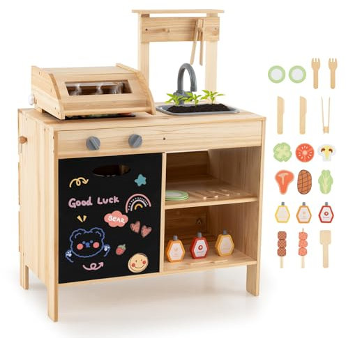 COSTWAY Juego de Parrilla de Barbacoa de Madera, Cocina Juguete con Comida de Juguete, Herramientas y Accesorios para Asar, Cocinita Infantil con Pizarra y Almacenaje para Niños de 3+ Años