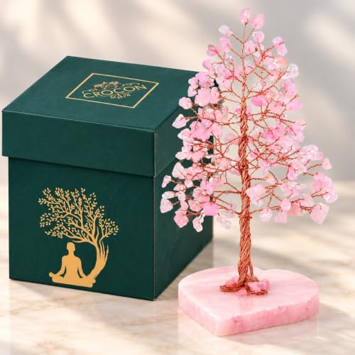 Crocon® Crystal Tree of Life Gifts for Women, Rose quartz Heart base | Natural Rose Quartz crystal tree adds stylish charm to home décor, ideal birthday, new home and housewarming gift