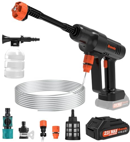 Idropulitrice Portatile, Bravolu Max 500 PSI Idropulitrice a Batteria con Accessori, Lidropulitrice Portatile a Batteria con ugello Multifunzione, Tubo da 5m, Ideale per Auto Casa Giardino