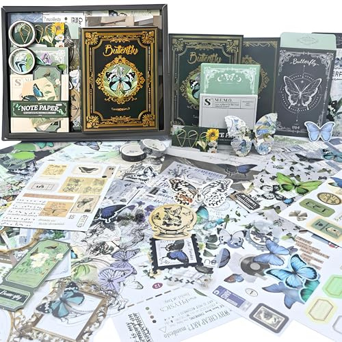 ROEOWENE 394pcs Kit de Scrapbooking DIY Journal Accessoire Vintage Sticker Scrapbook Materiel Kit Complet Autocollant Scrapbooking Accessoires DIY Cadeau Ado,Adolescentes-Papillon Vert