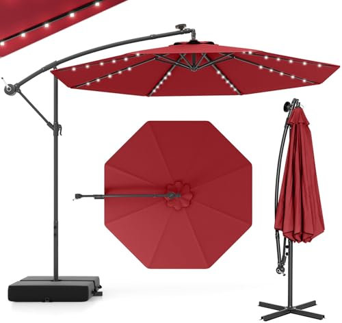 GOPLUS Parasol Déporté 3x3M Inclinable avec Pied, 8 Baleines 40 Lampes LED Solaires, Grand pour Terrasse Plage Cour, Extérieur (Rouge)