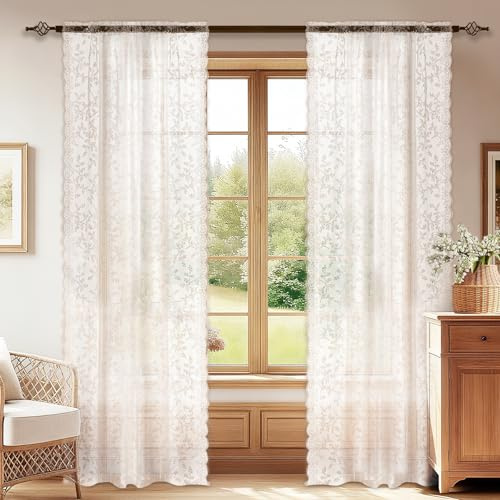 YSTELLAA Tende Per Interni Semitrasparente 2 Pezzi, 70x150cm, Tende Classiche In Pizzo, Curtains Voile Con Tasca, Leggere Morbida Per Camera Da Letto E Per Salotto, Bianco