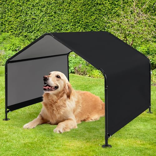 COSTWAY Tente pour Chien 129 × 124 × 108 cm, Abri Exterieur Résistant au Soleil, Plaques de Base, Piquets de Sol, Cadre en Métal, Tissu Oxford, Niche pour Chien Lapin Poule