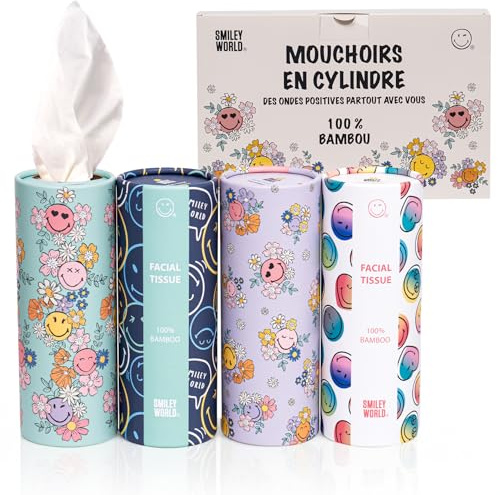 SmileyWorld – Fazzoletti in cilindro – 100% bambù naturale – 3 strati – Senza plastica – Design SmileyWorld – Formato compatto per auto, casa, zaino, seggiolino e scuola – Confezione da 4 cilindri