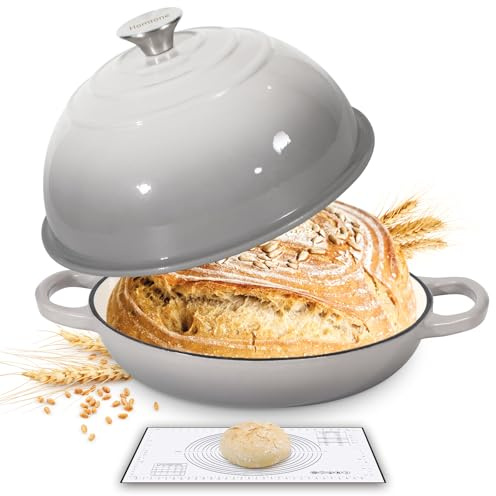 Homtone 5.5QT/26cm Enamelled Cast Iron Dutch Oven for Sourdough Bread, Dutch Oven Pot with Domed Lid, Cast Iron Bread Pot (Light Grey, with Silicone Liner)