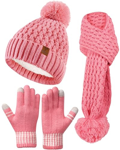 Kids Winter Hat Gloves Scarf Set, Girls Boys Toddler Winter Hat Beanie Pom Knitted Scarves Mittens Fleece Lined Age 5-12