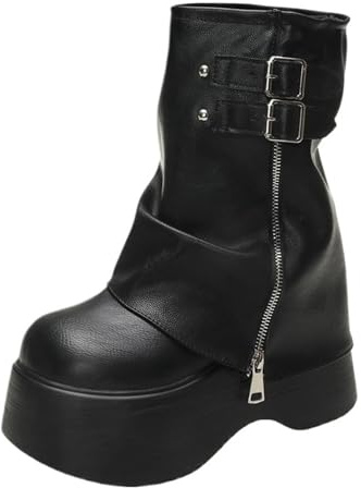 Botas de piel suave al tobillo a media pantorrilla, para invierno, otoño, plataforma alta, botines británicos, botas de motocicleta gruesas para mujer, 9 cm, Black, 40 2/3 EU