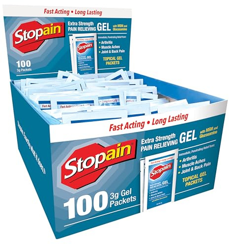 Stopain Pain Relief 3g Gel Packets, 100ct, 8% Menthol, Topical Pain Relief, Knee Pain Relief, Back Pain Relief, and Arthritis Pain Relief, Perfect for Workplace First Aid Cabinets, Made in USA