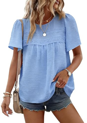 CMTOP Chemisier Femme Ete Blouse Manches Courtes Col Rond Tunique Chic et Elegant Haut Bohème Dentelle Fluide Tops Lâche Décontracté Blouse (Bleu, XL)