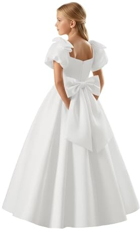 WDCVGTR Square Neck Formal Junior Bridesmaid Dresses for Wedding White Satin Flower Girl Dress Big Bow Shoulder Puff Sleeve Formal Events Ball Gowns 10