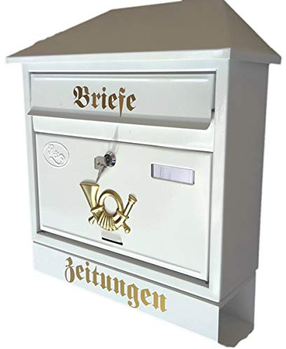 Stabiler Briefkasten,Modell Walmdach Premium-Qualität, mit Schutzlackierung Verschiedene Modelle XXL Weiß mit Zeitungsrolle fertig montiert Postkasten Post (Walmdach)