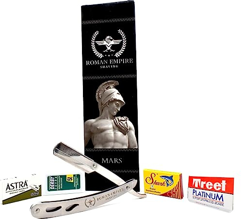 Rasoio a Mano Libera Mars di Roman Empire Shaving | Rasoio per Uomo Professionale da Barbiere per Barba, Baffi e Contorni con Set di 20 Lamette (Astra-Derby-Shark-Treet)