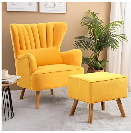 INMOZATA Armchair with Footstool Yellow Linen Fabric Occasional Accent Chairs Stunning Shell Wingback Tub Chair with Wood Legs for Living Room Bedroom Lounge (Yellow)